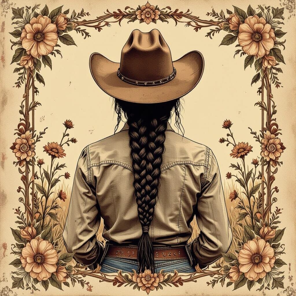 Detailed Line Art Cowgirl with Floral Frame