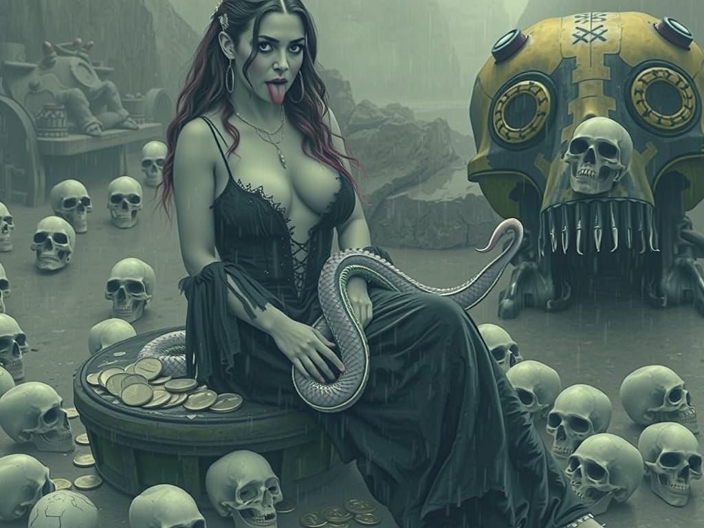 Sinister Woman Holding Pink Eel in Gloomy Rain