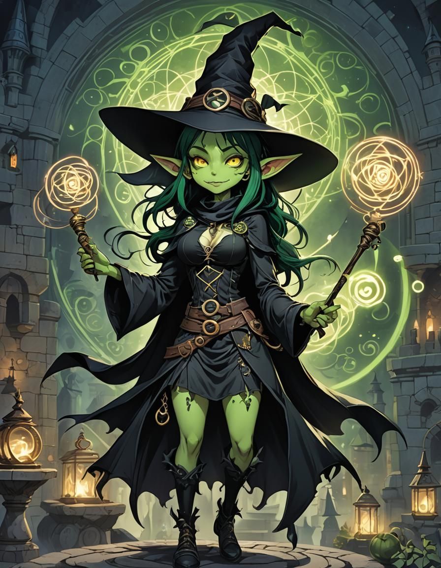 Goth Goblin Girl Casting Magic, Cel-Shaded Anime Style