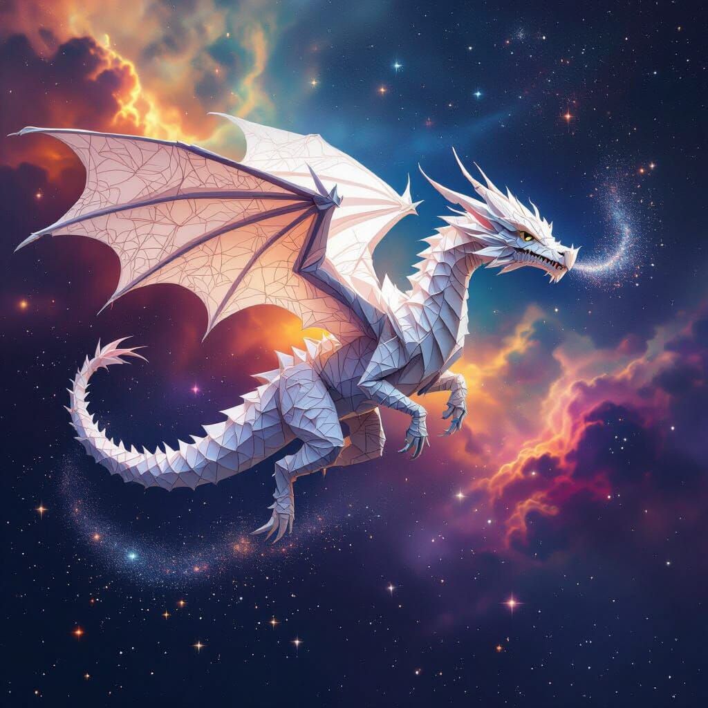 Origami Dragon Soaring Through Nebula in Digital Painting