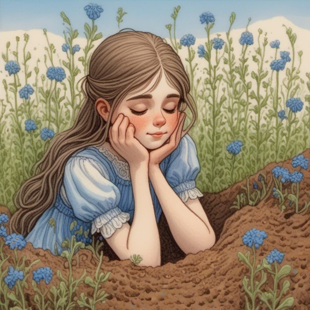 Girl Watches Small Plant Emerge from Dirt in Field of Blue F...