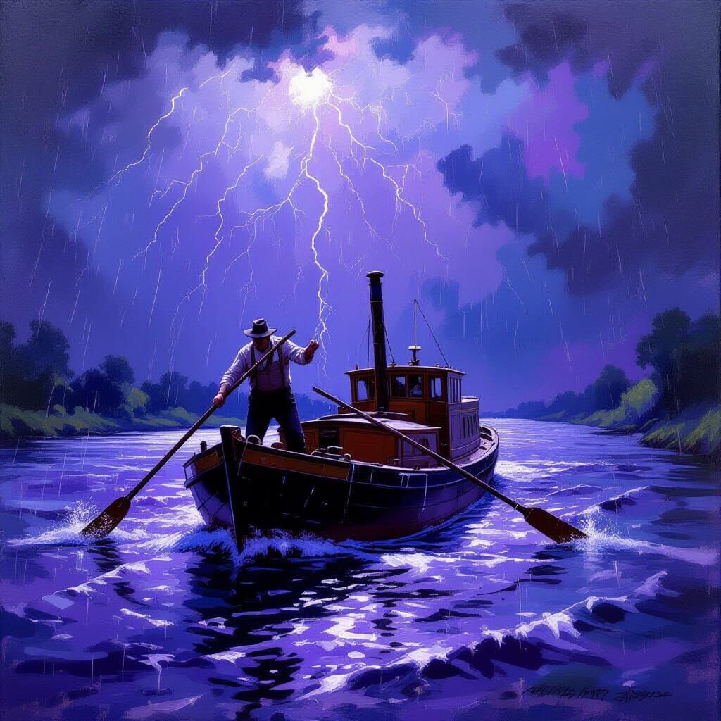 Old Boatman Navigates Erie Canal in Purple Rainstorm