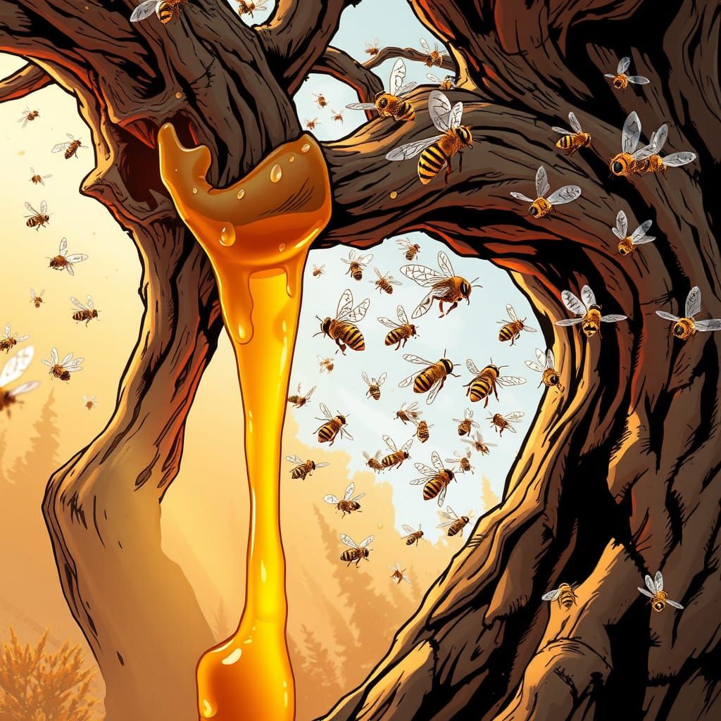 Golden Honey Drips from Ancient Tree in Energetic Scene