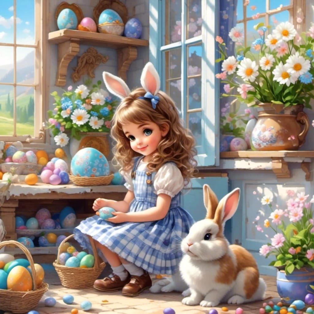 A Sweet Girl Observes Easter Joy in a Vibrant Scene
