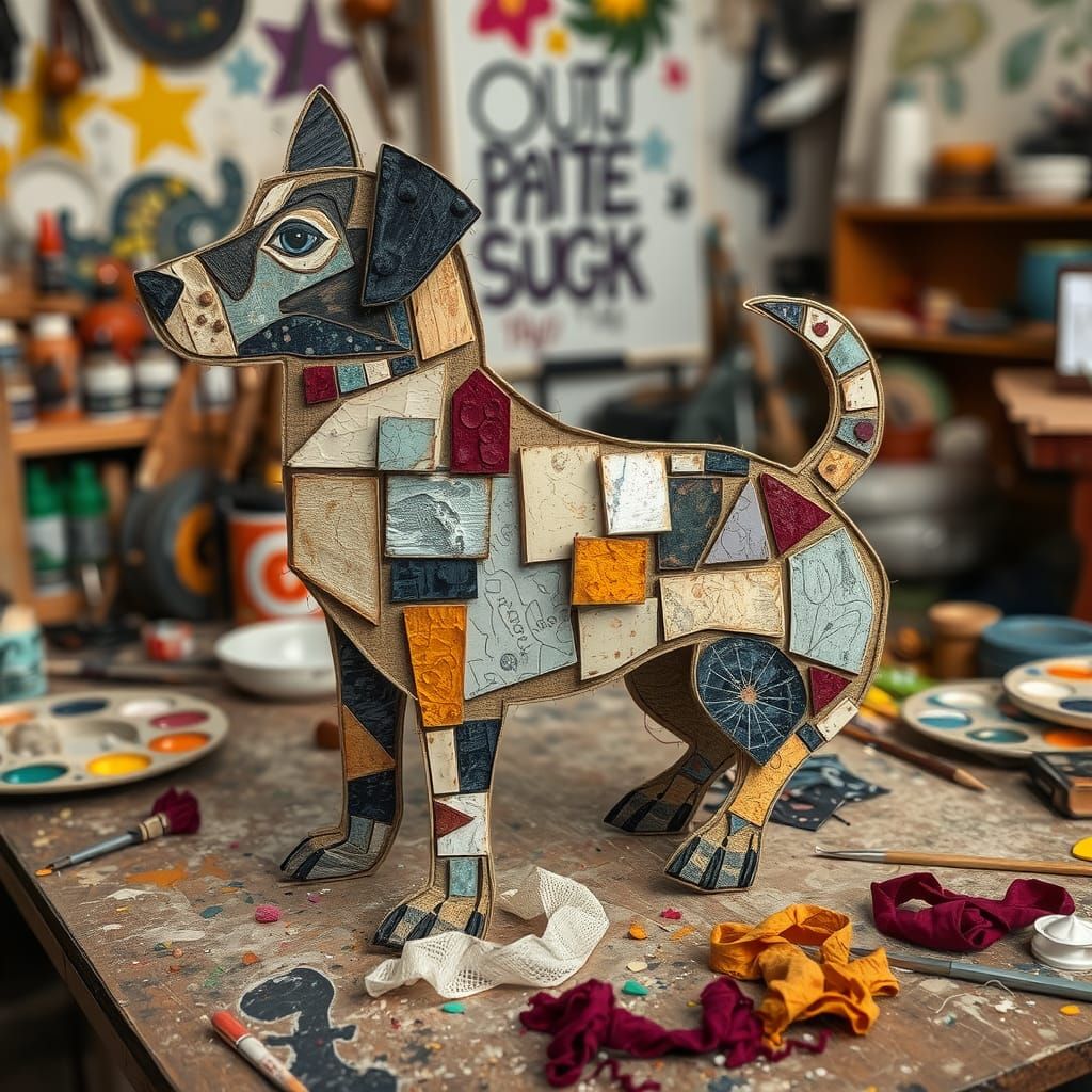 Abstract Dog Collage in Mixed Media Style