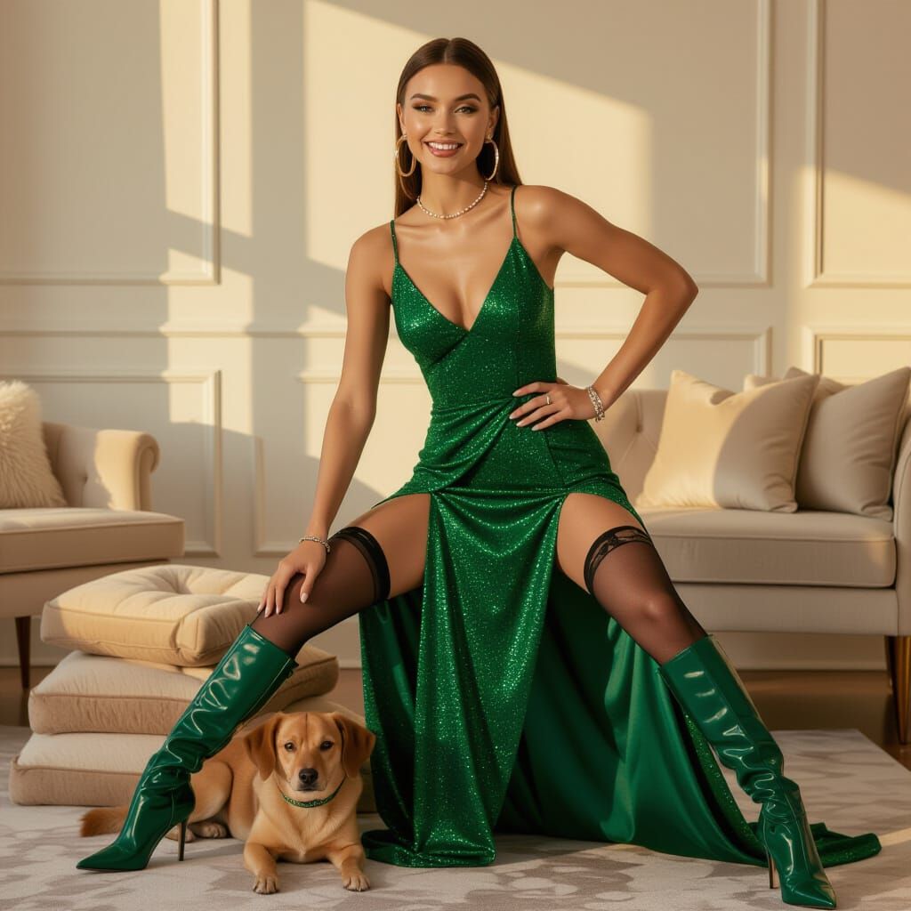 Young Woman in Emerald Dress with Hoop Earrings
