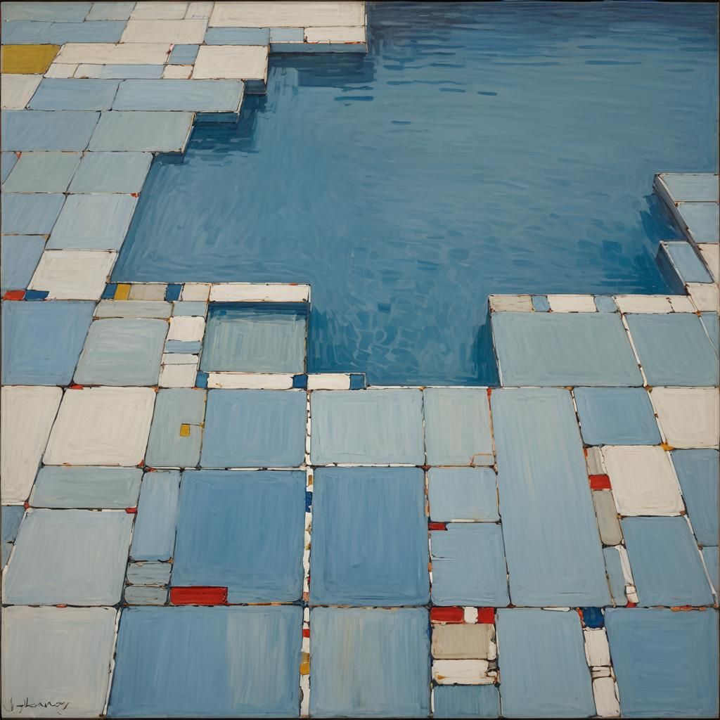 Abstract Geometric Painting of a Serene Blue Pool in Minimal...