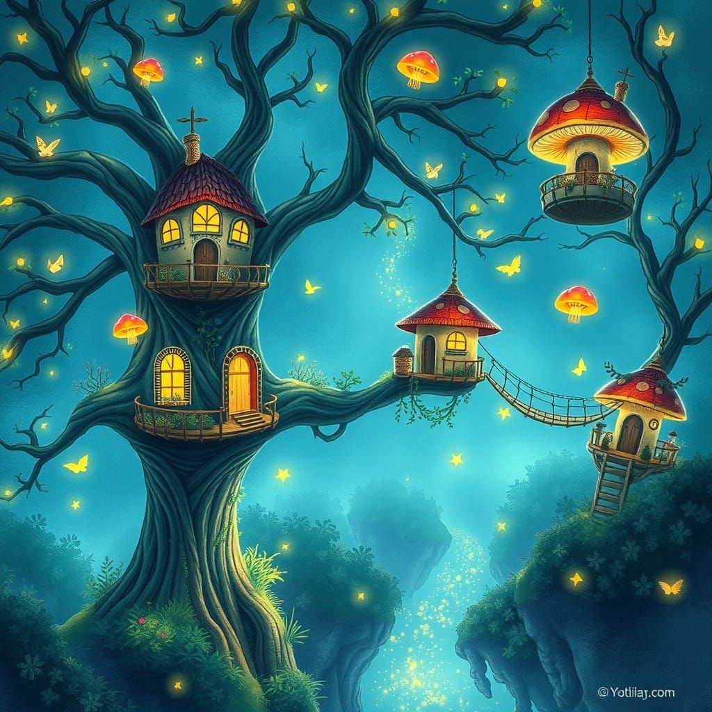 Enchanting Treehouse Village in Bioluminescent Forest