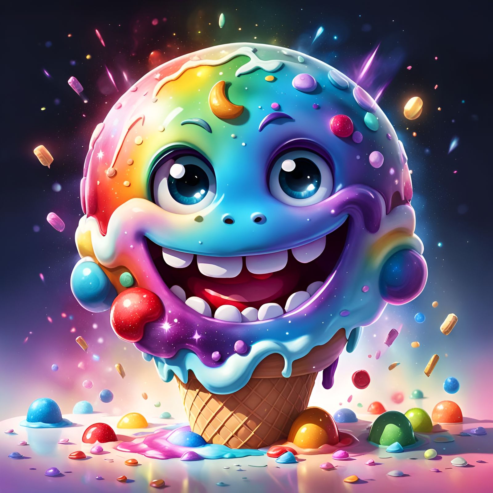 Happy cute large smiling mouth extremity cute singer sparkling wide crystal ice cream cake toy rainbows starts large ey...