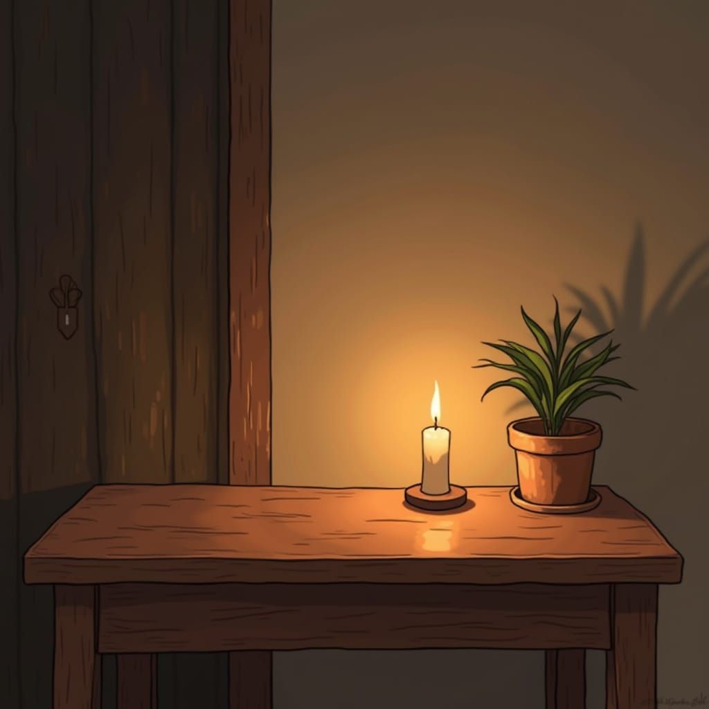 Cozy Wooden Table in Lo-Fi Anime Style