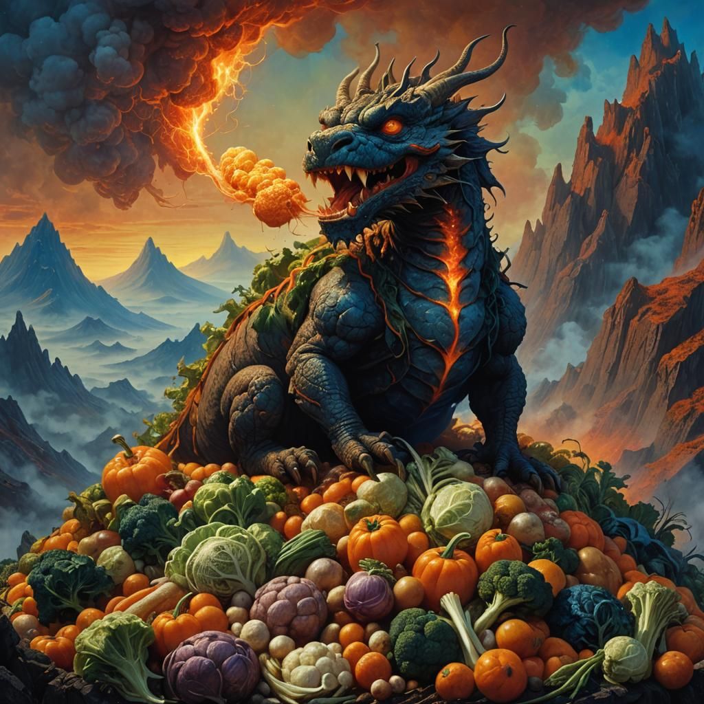 Surreal Meatball Dragon Majestically Rules Over Vegetables