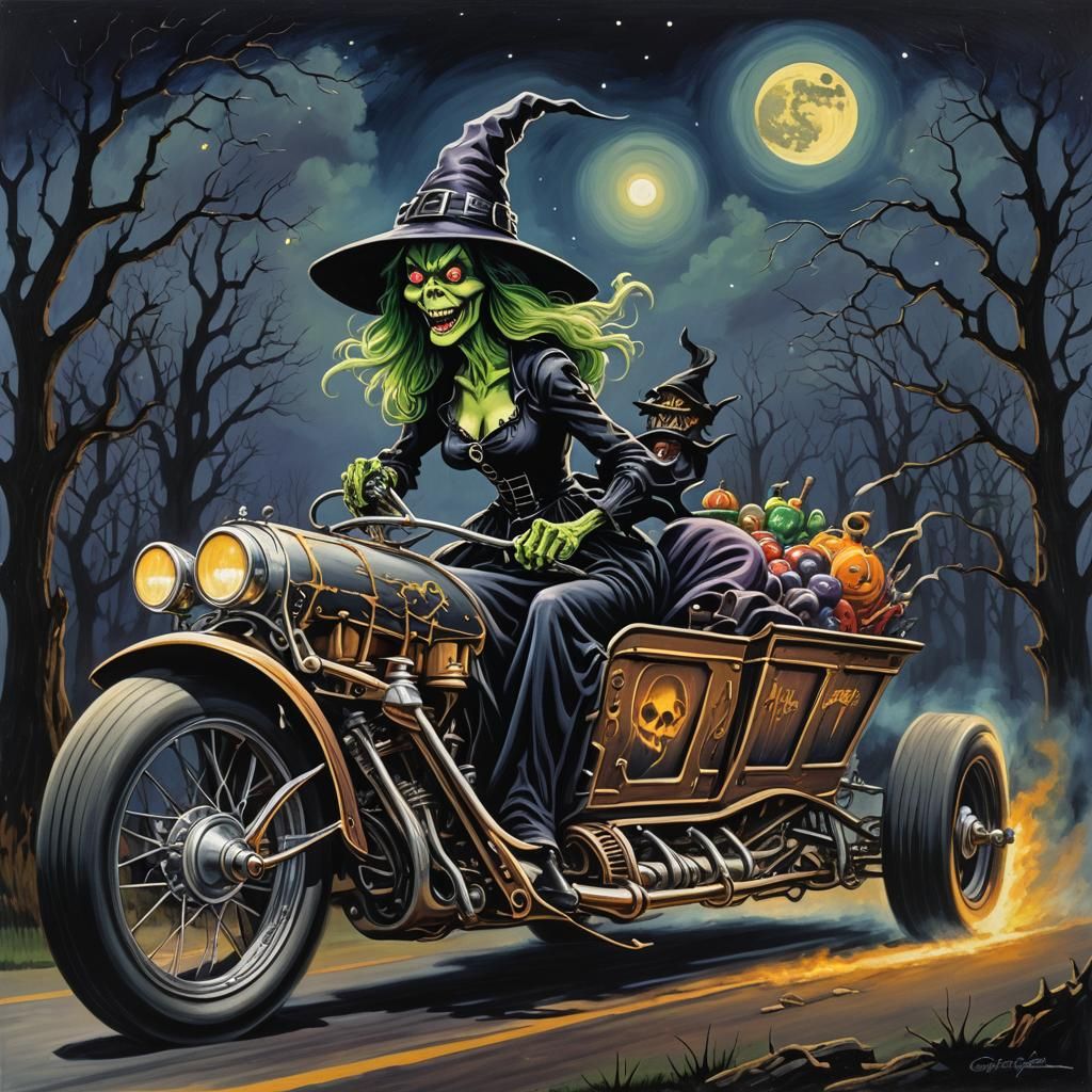 Retro-Futuristic Witch Drags Coffin on Lunar Highway
