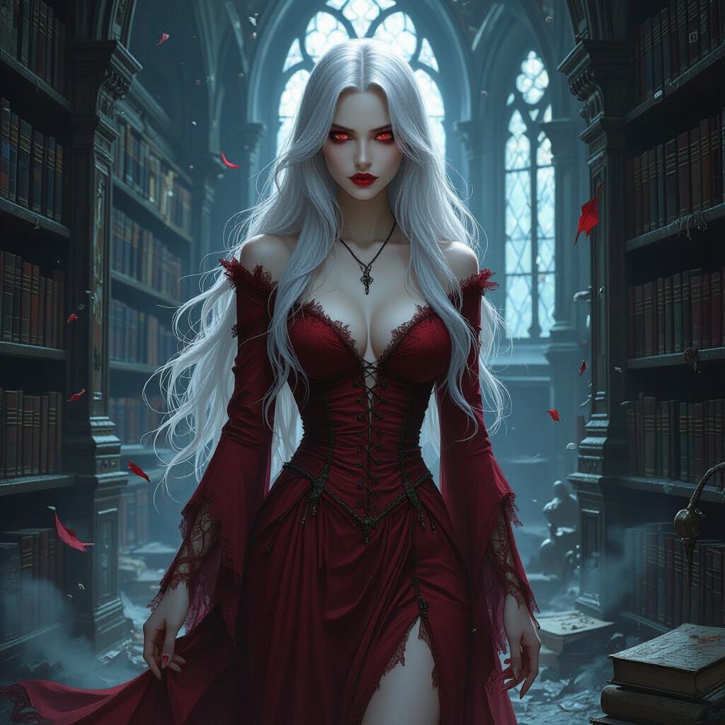 Gothic Vampire in Decaying Library, Dark Fantasy Style