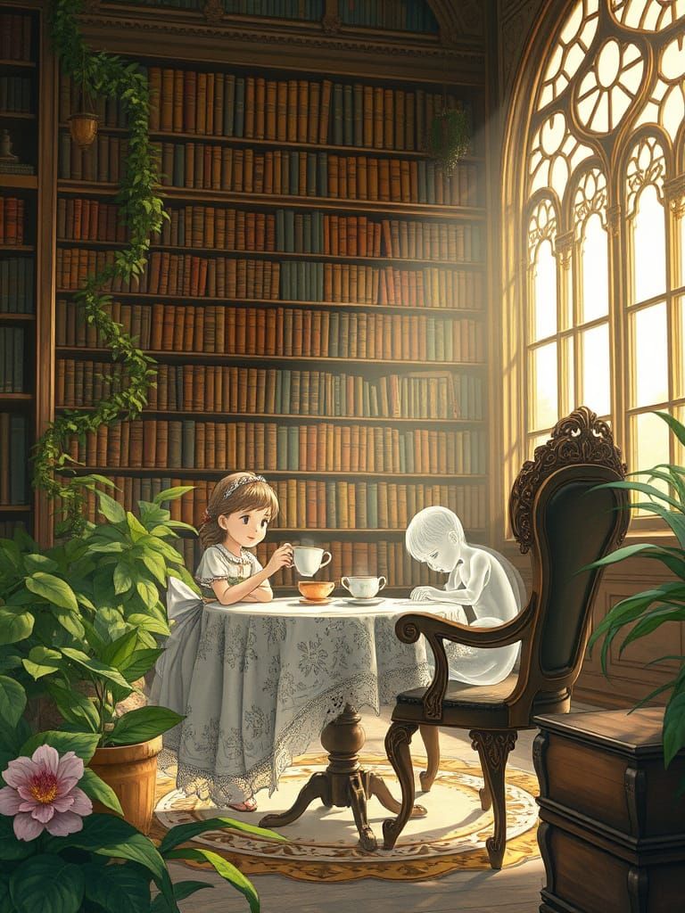 Girl Sips Tea with Whimsical Companion in Enchanted Library ...