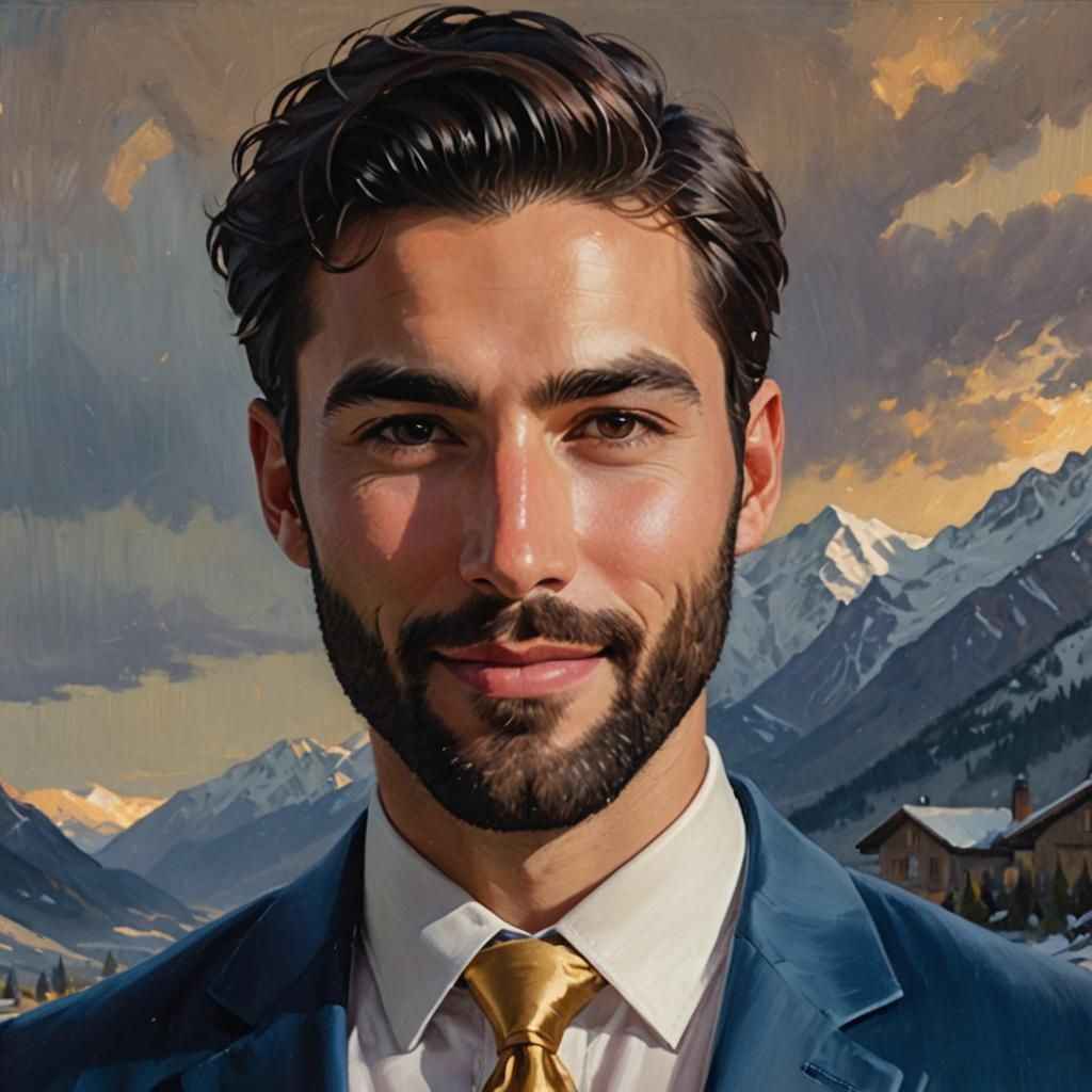 Elegant Gentleman in Blue Velvet Suit Amidst Snowy Mountains