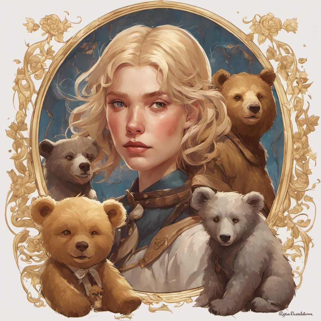 Surreal Hyperrealist Portrait of Goldilocks with Three Bear...