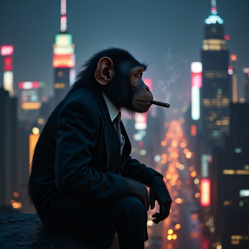 Sophisticated Monkey Smokes Cigar Over City at Night in Phot...