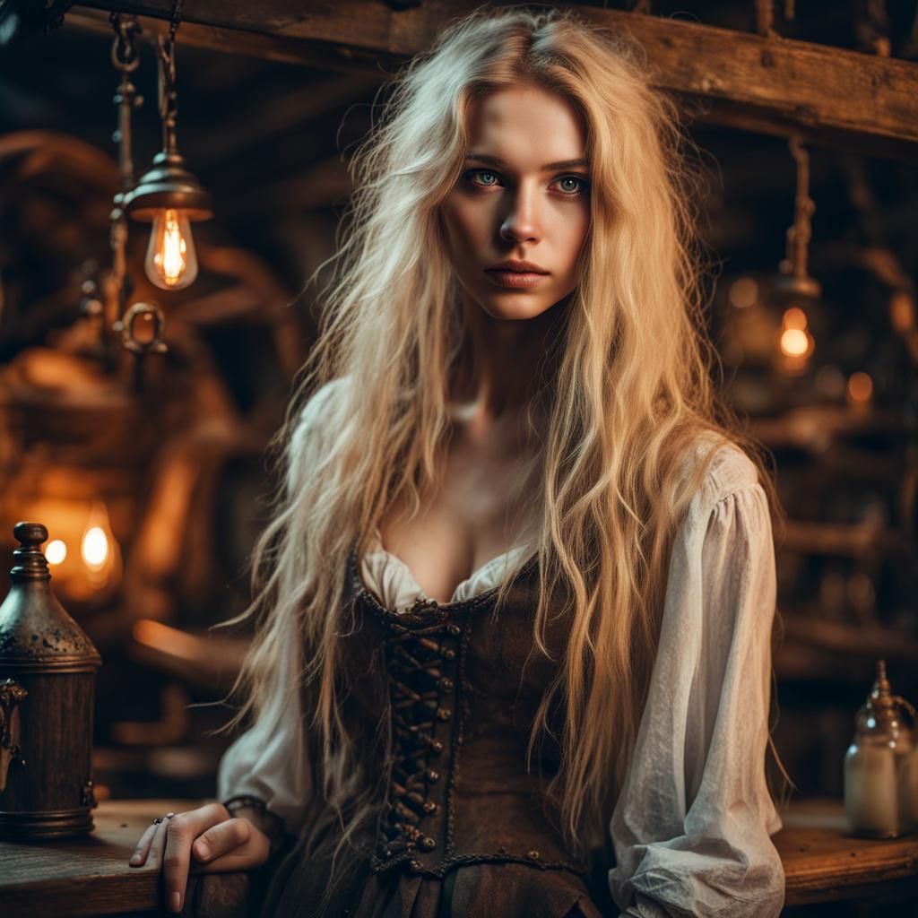 Enchanted Lovecraftian Maiden in Postapocalyptic Tavern