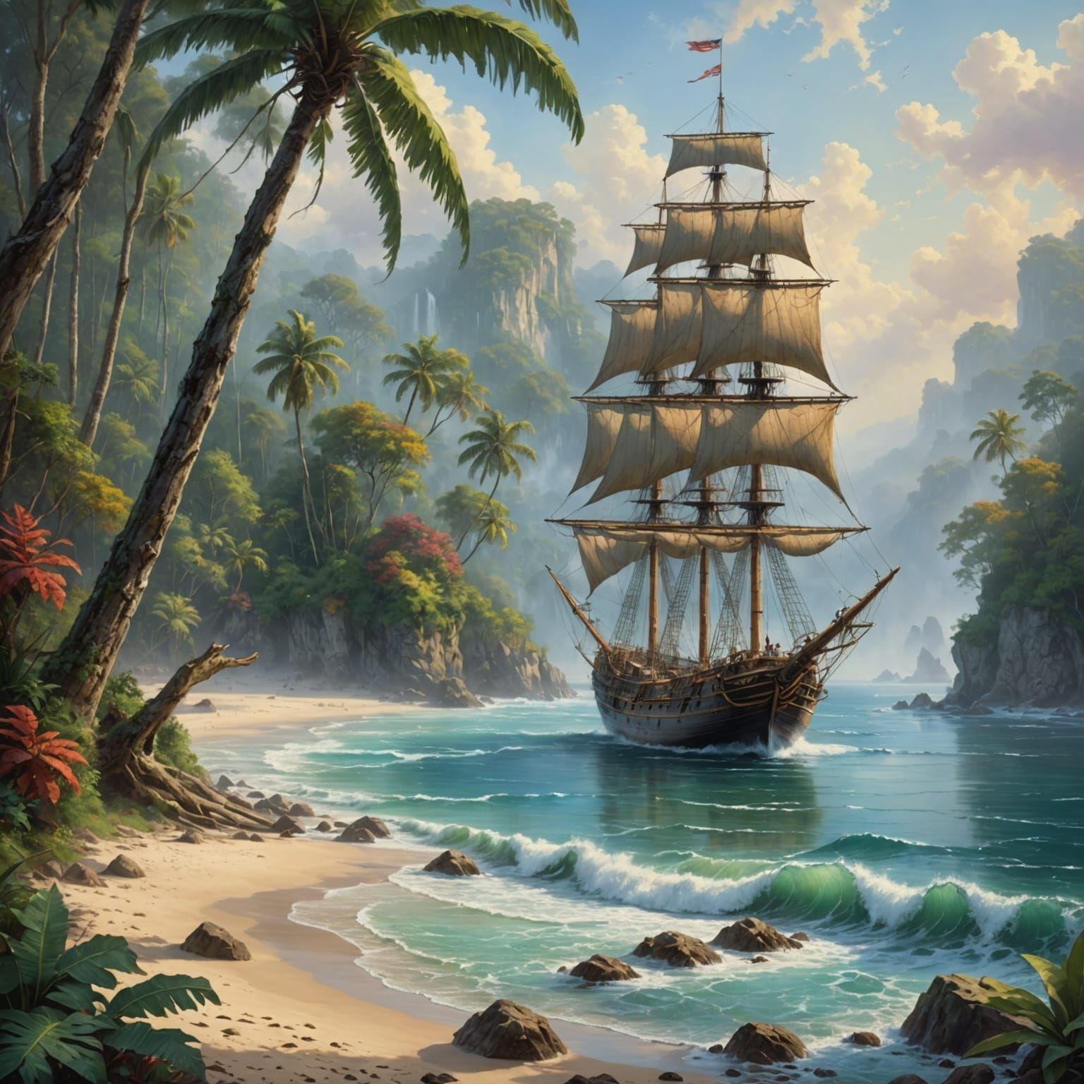 Dreamy Tropical Oasis with Ancient Sailship