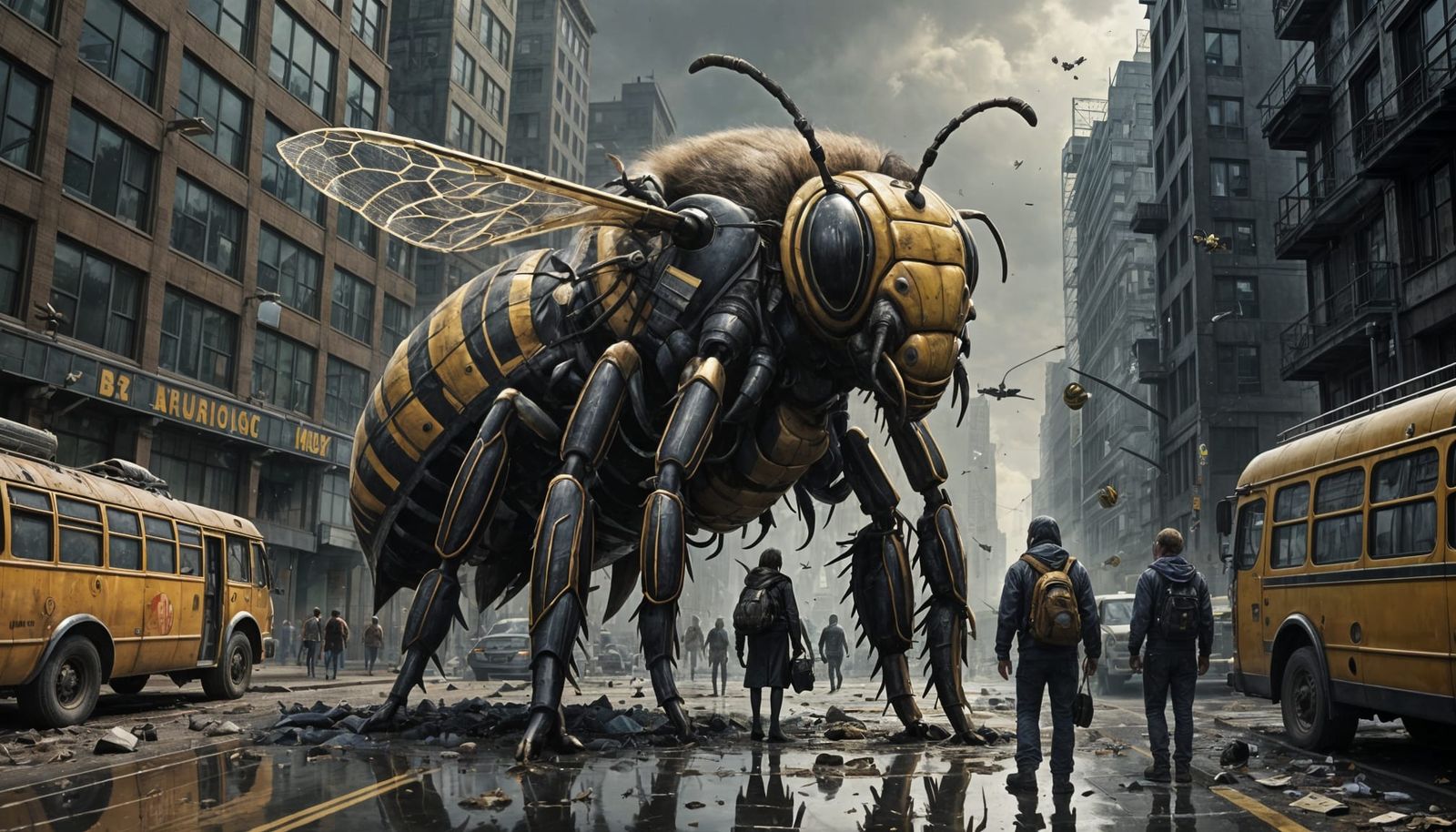 Giant Bee in Urban Landscape Lifts Bus into Sky with Screami...