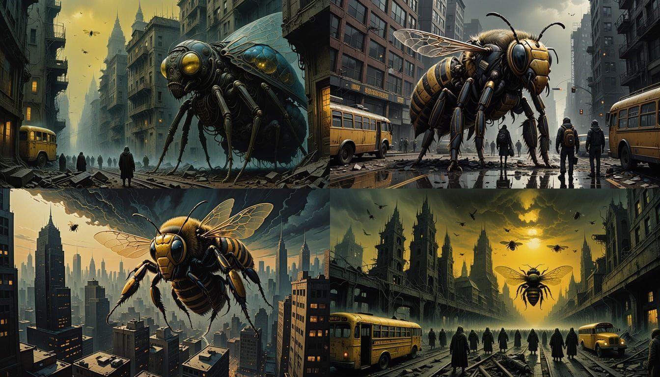 Giant Bee vs. Urban Horror: A Sinister Urban Scene