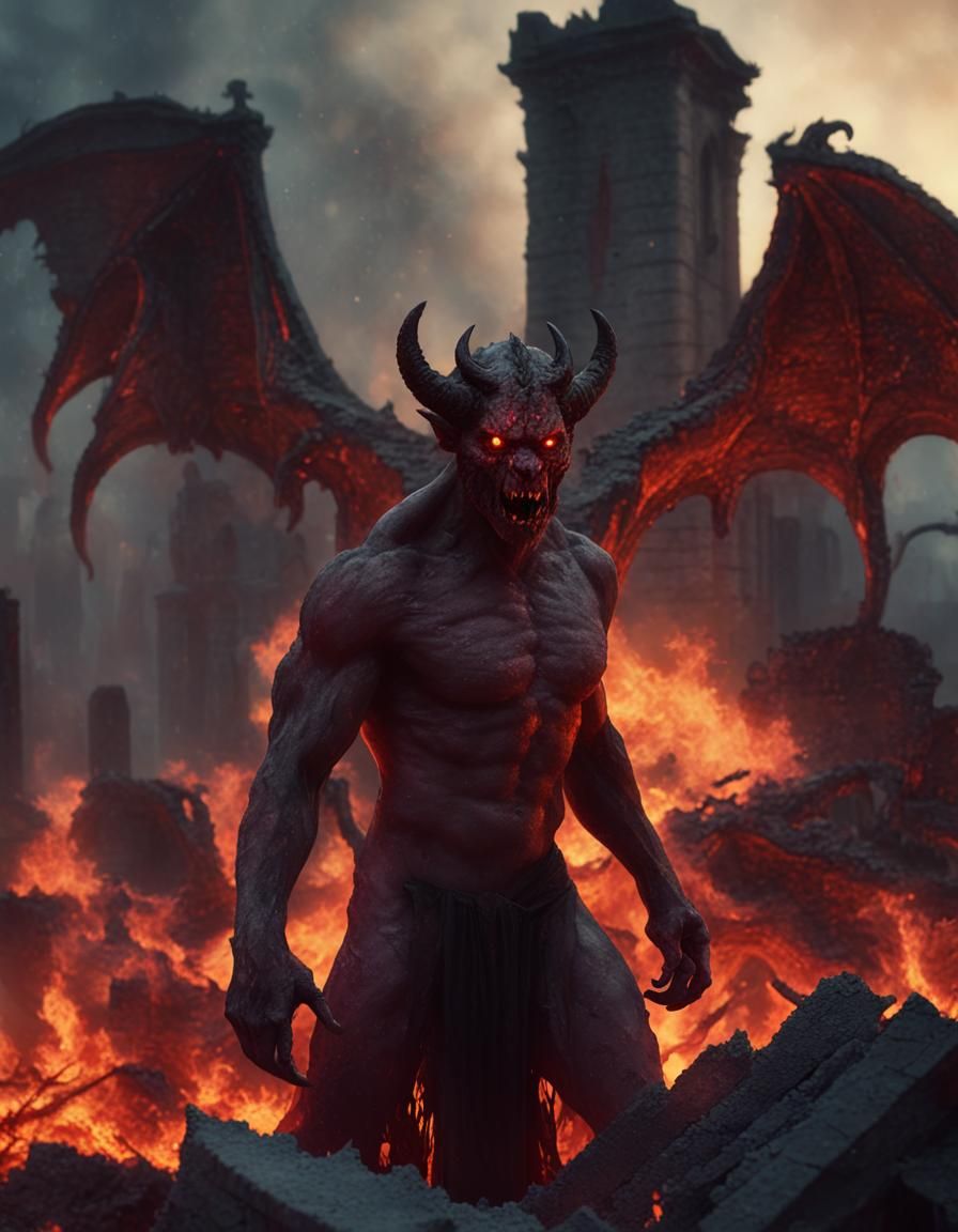 Cyberpunk Hellish Demon Amidst Ruins in Fiery Light