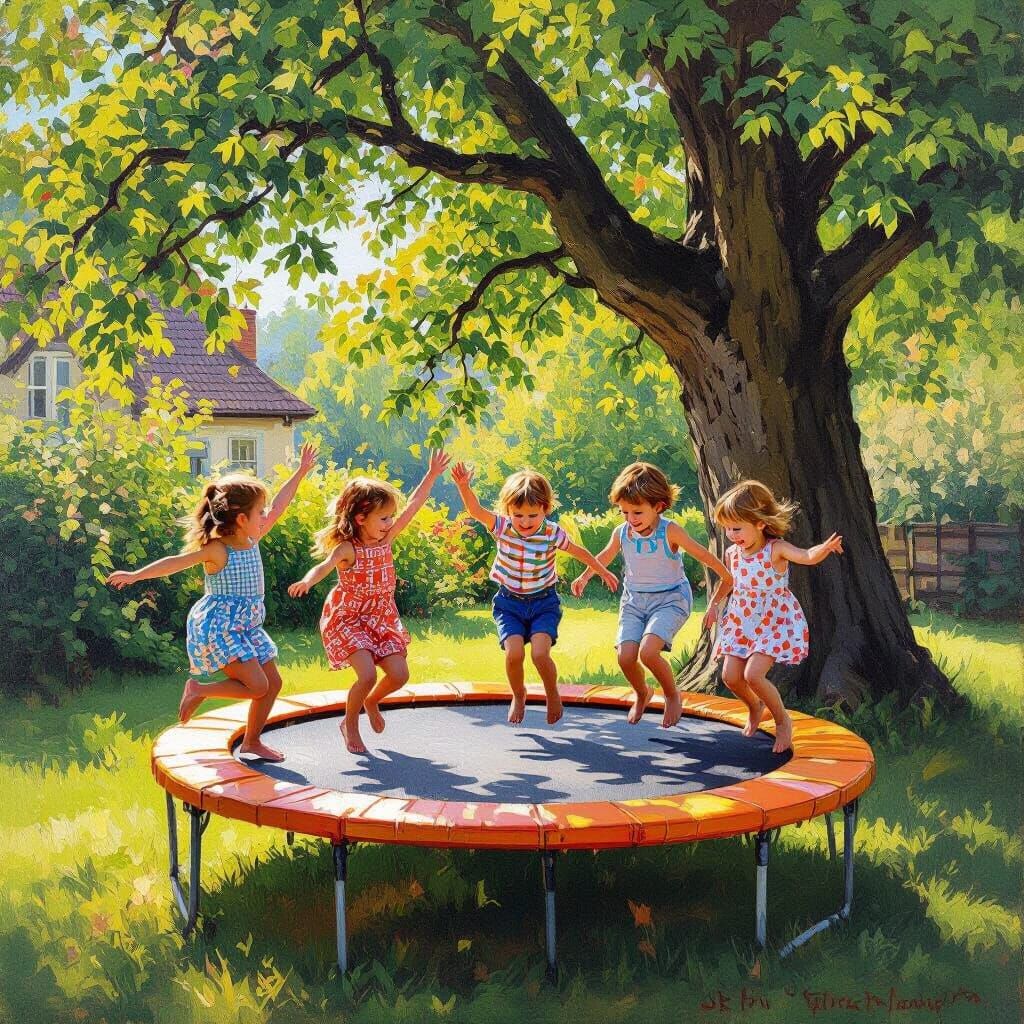 Children's Joyful Play on Trampoline, Impressionistic Style