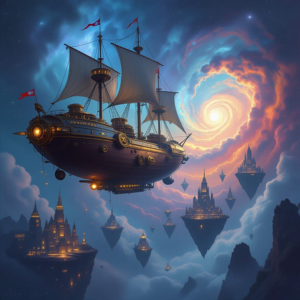Steampunk Airship Navigates Cosmic Nebula