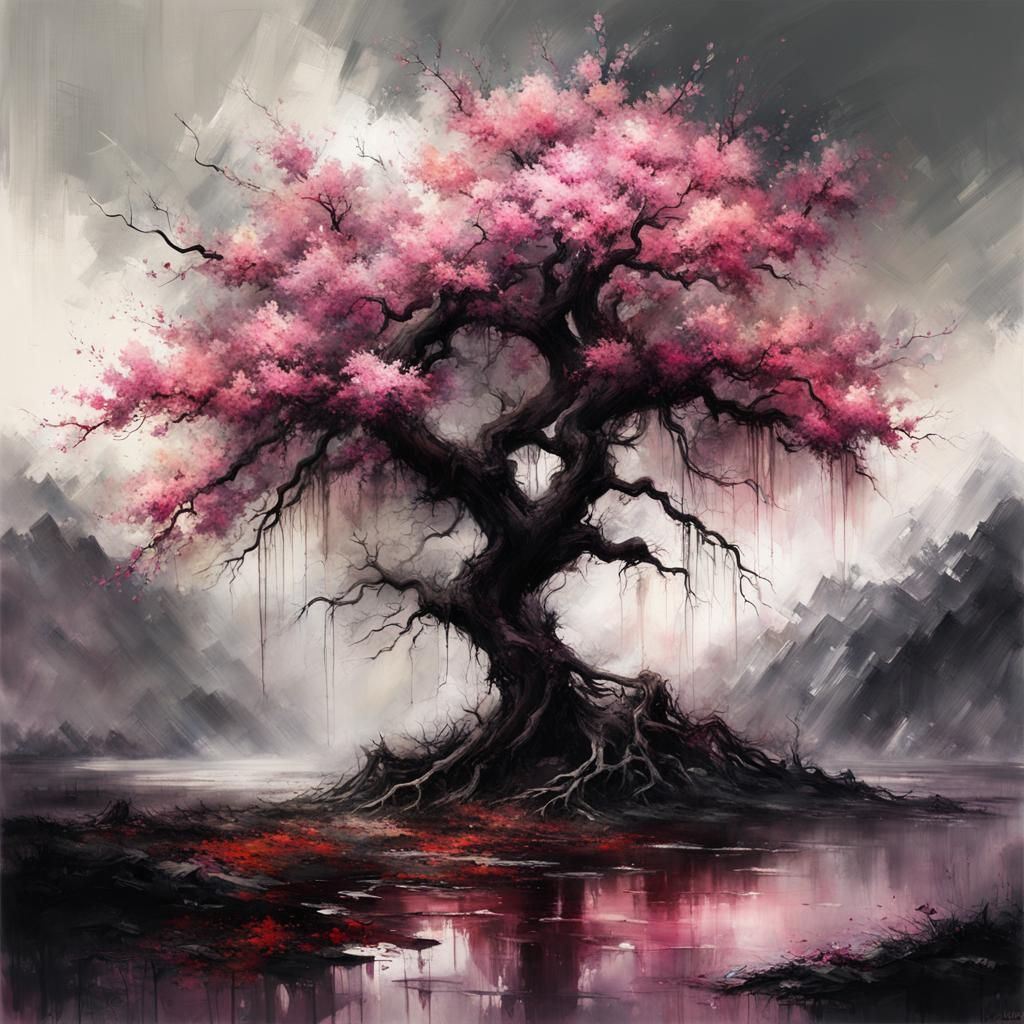 Ethereal Sakura Plum Tree in Dramatic Oil on Canvas Style