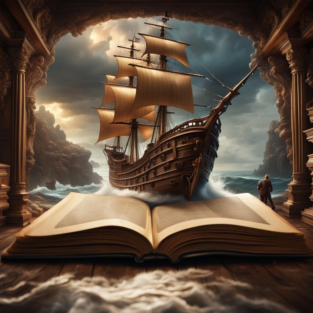 Pirate Ship Emerges From Book in Epic Digital Painting