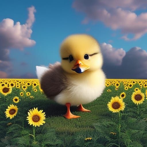Chibi Duck in a Sunflower Garden