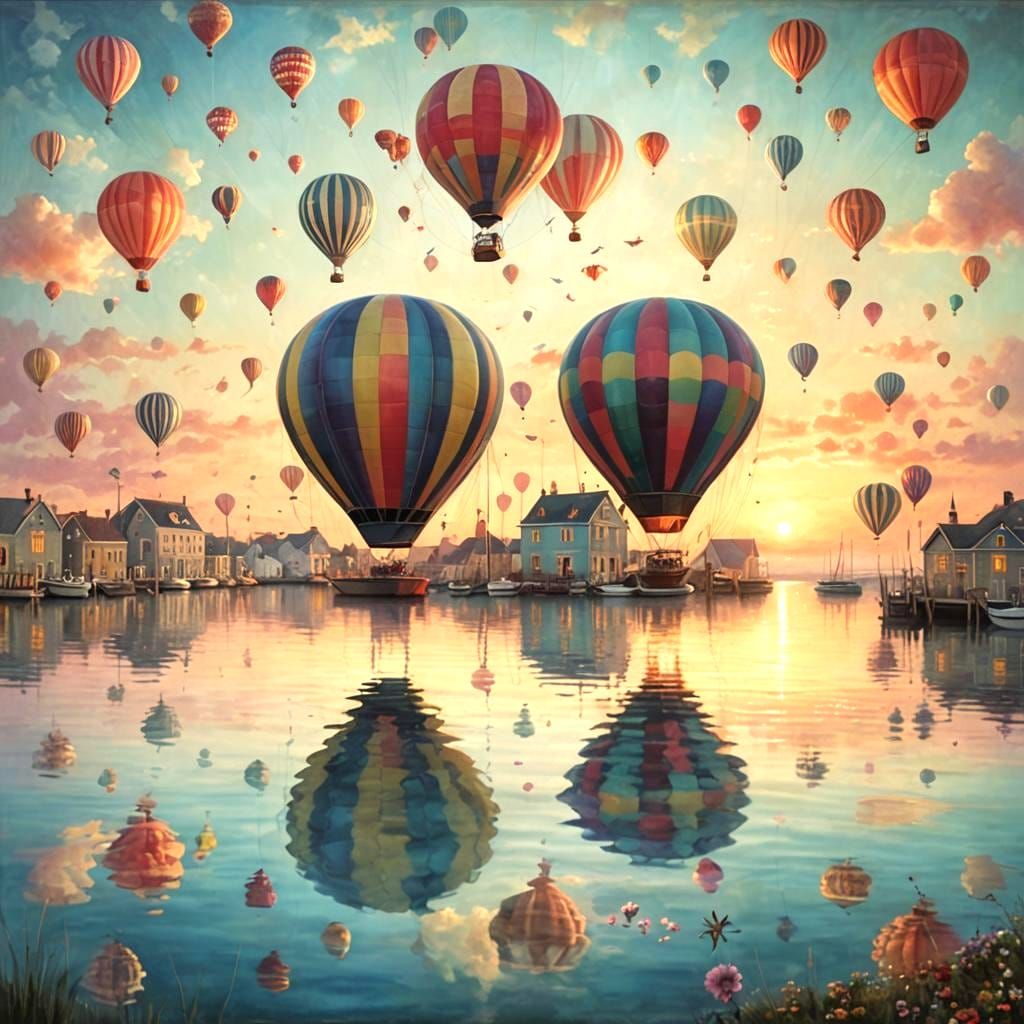 Whimsical Marina Sunrise with Hot Air Balloons
