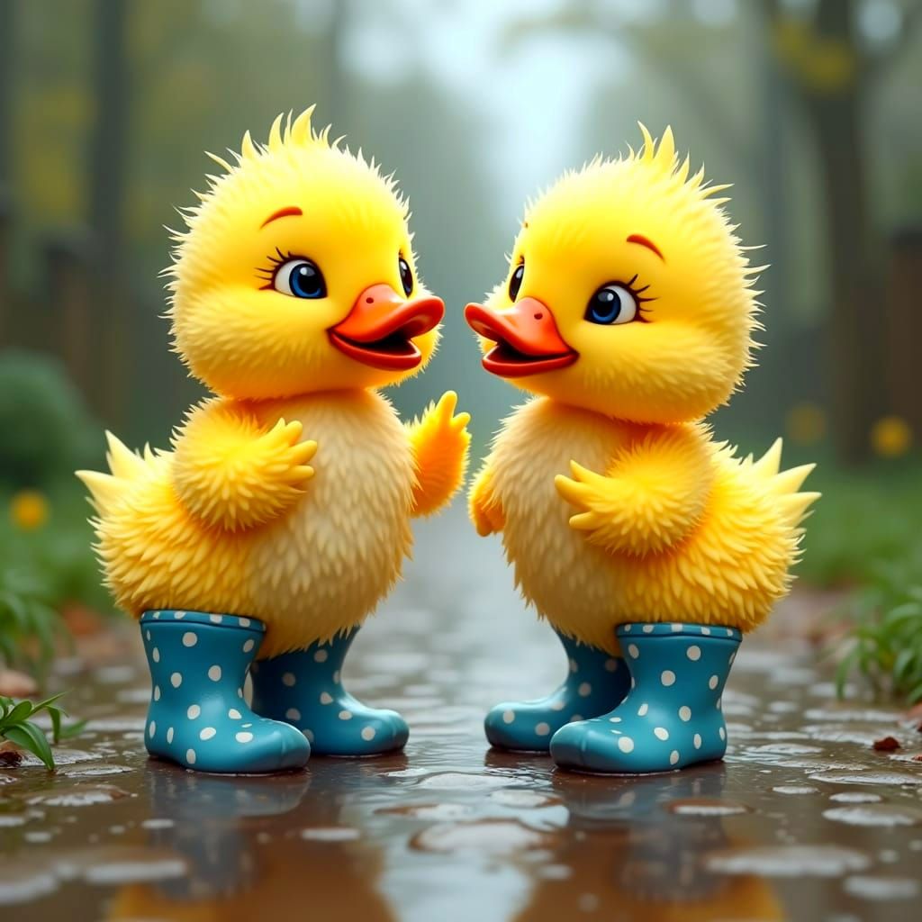 Whimsical Yellow Ducklings Splash in Cobblestone Lane