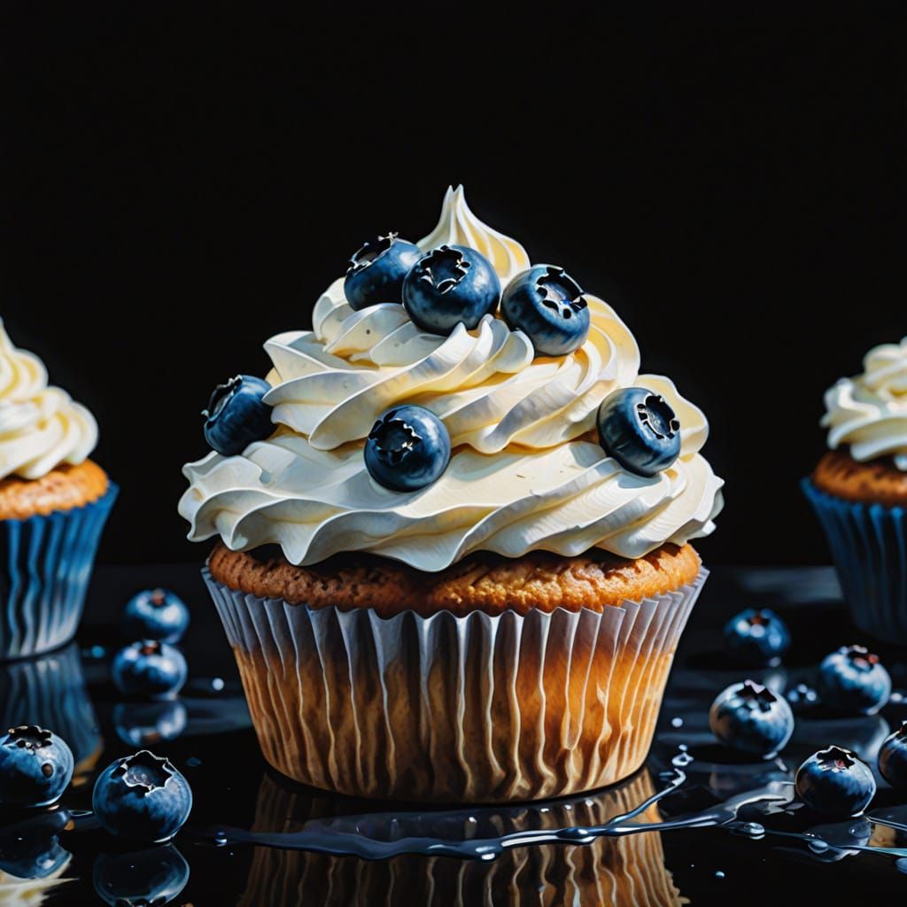 Blueberry Cupcake in Gouache Style Watercolor