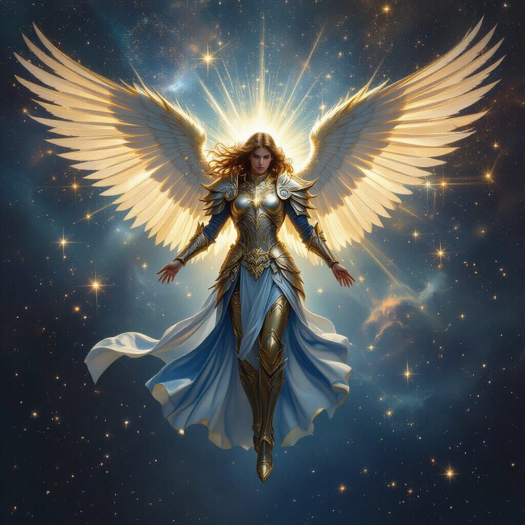 Archangel Descends from Nebula in Photorealistic Oil Paintin...