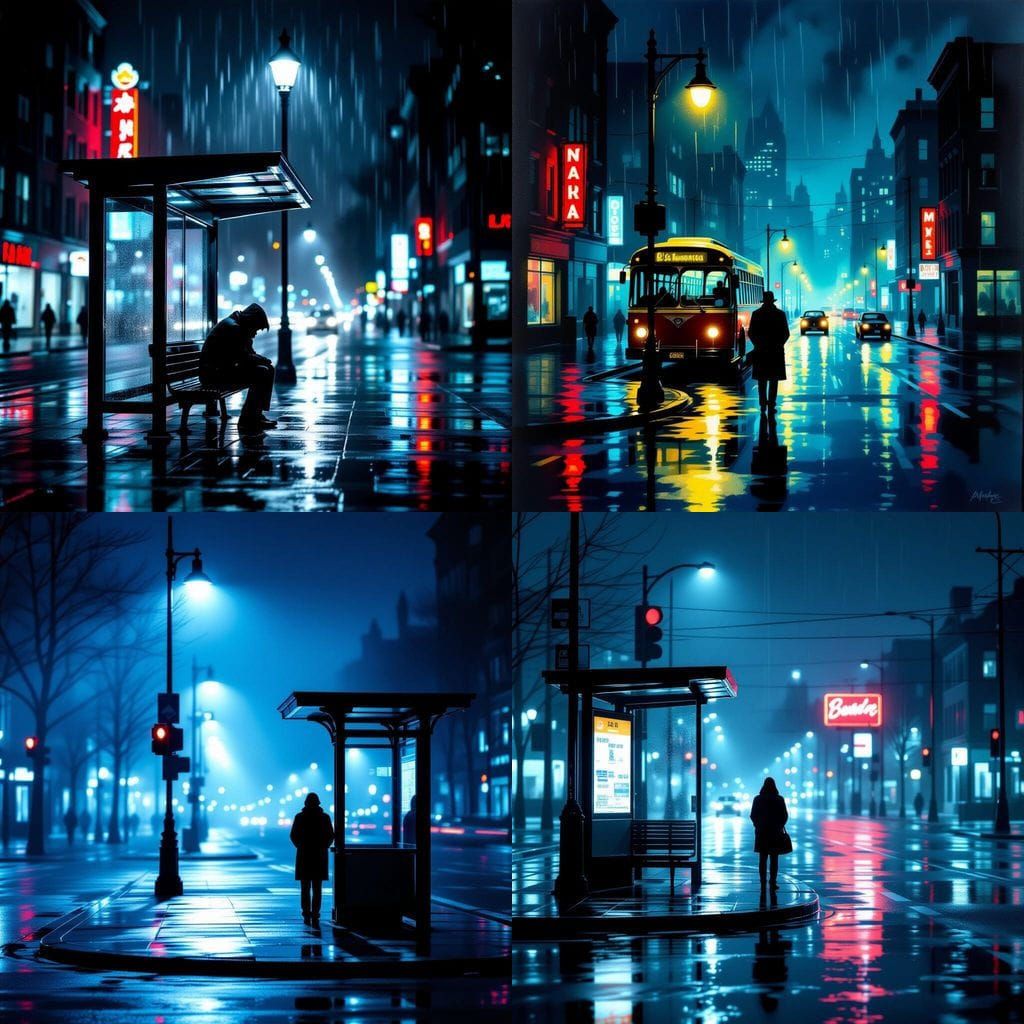 Woman Waiting for Bus at Night