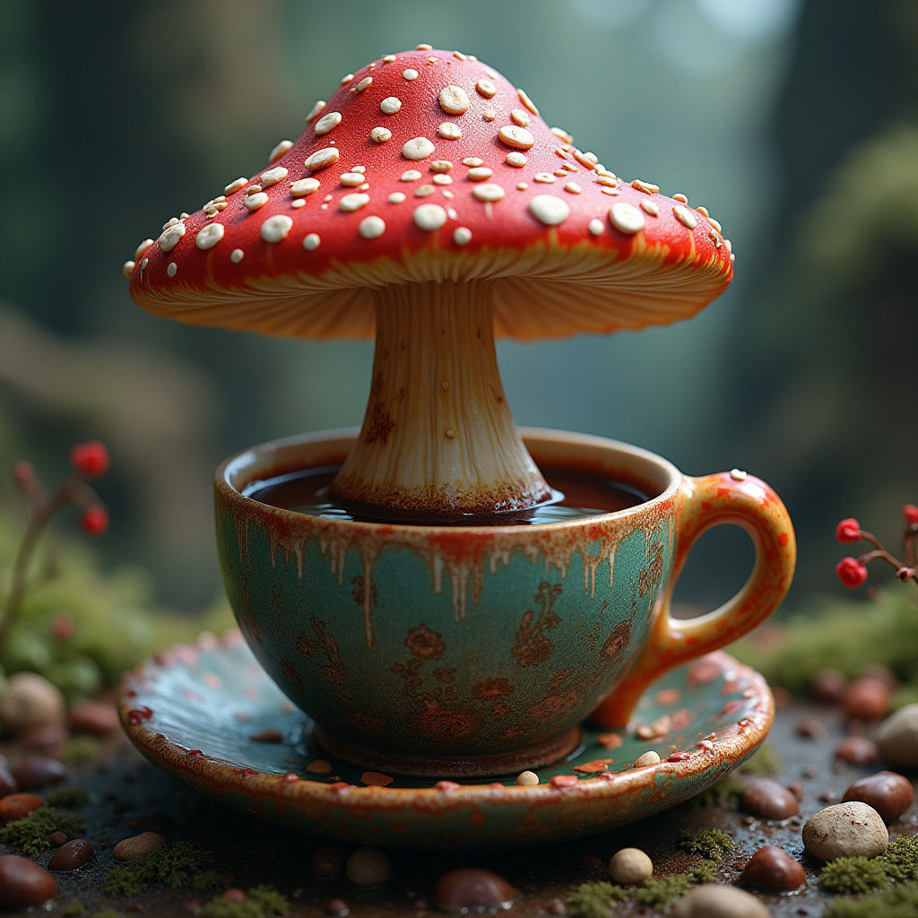 Whimsical Mushroom-Shaped Coffee Cup in Dreamlike Fantasy Se...