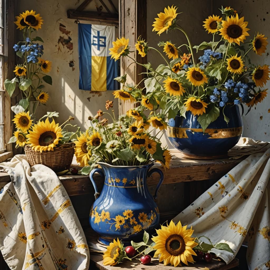Sunflowers and Delft Blue Flowers Still Life