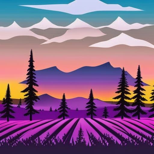 Surreal Anime Landscape with Lavender Fields and Silhouetted...