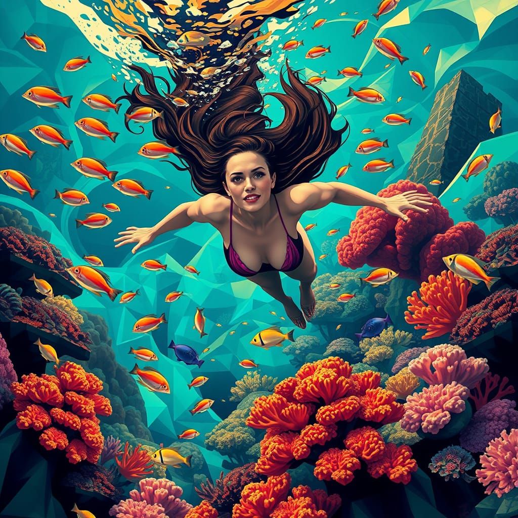 Woman in Vibrant Neo-Cubist Coral Reef Scene