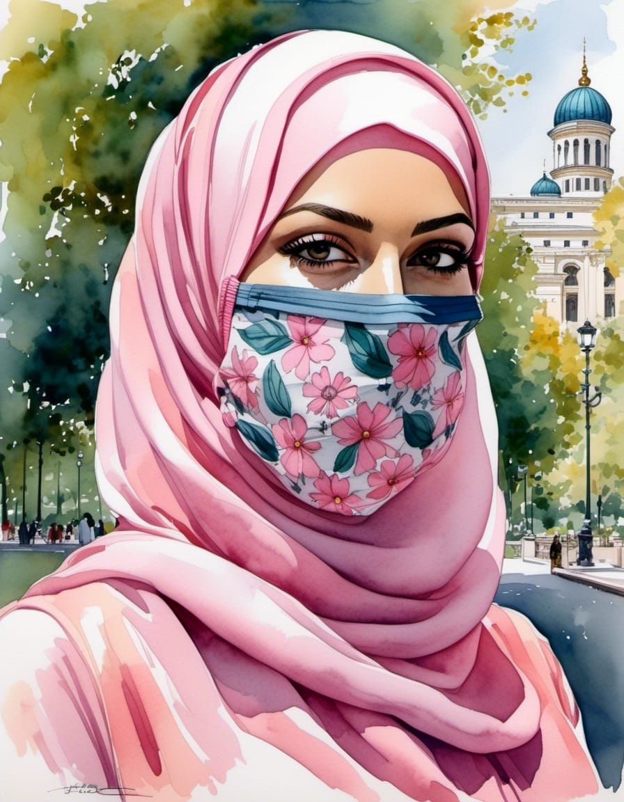 European Woman in Hijab and Flowered Facemask