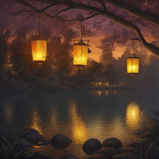 Warm Golden Lanterns in Sunset Oil Painting