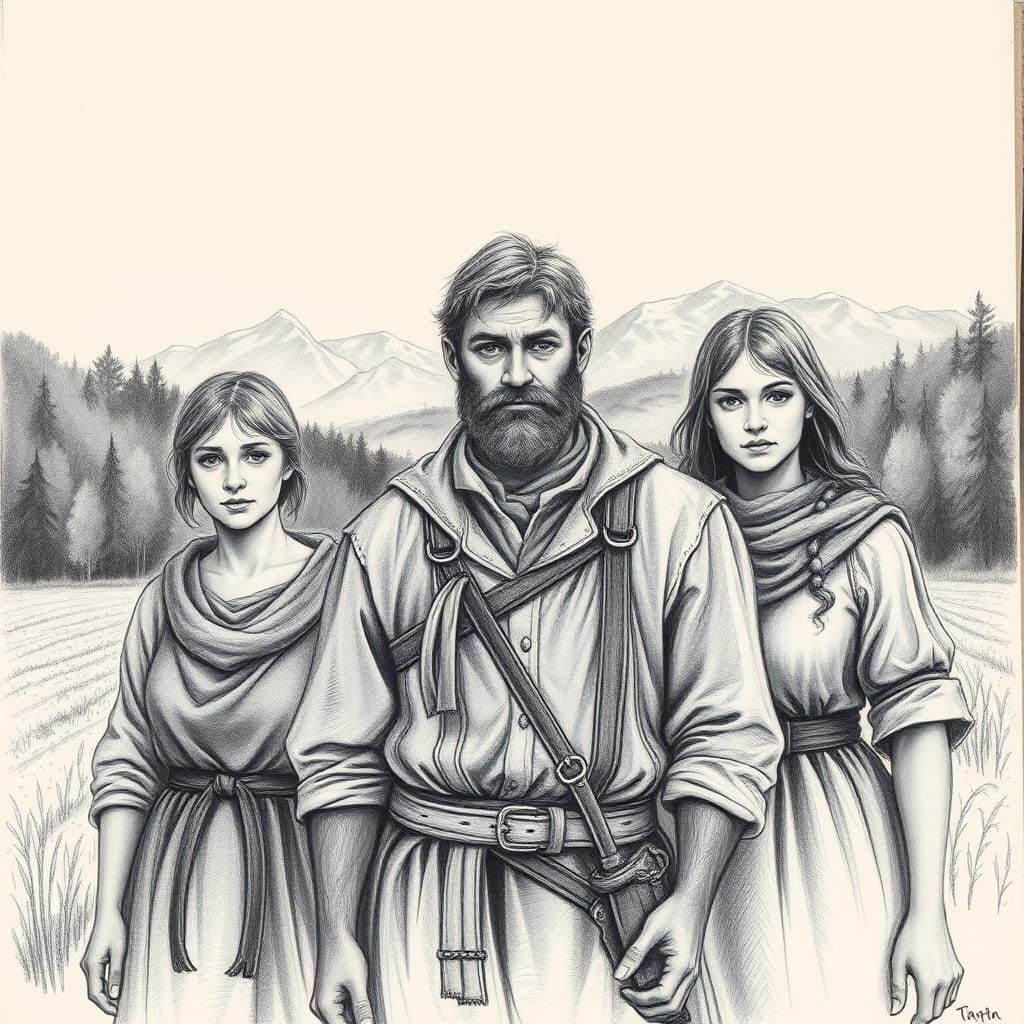 Medieval Fantasy Villagers in Charcoal Drawing Style