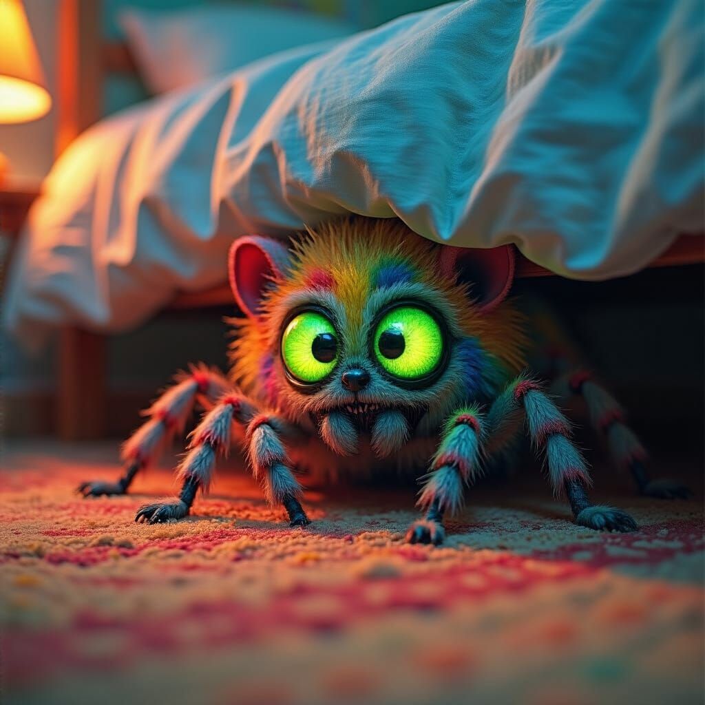 Colorful Furry Creature Hiding Under Bed