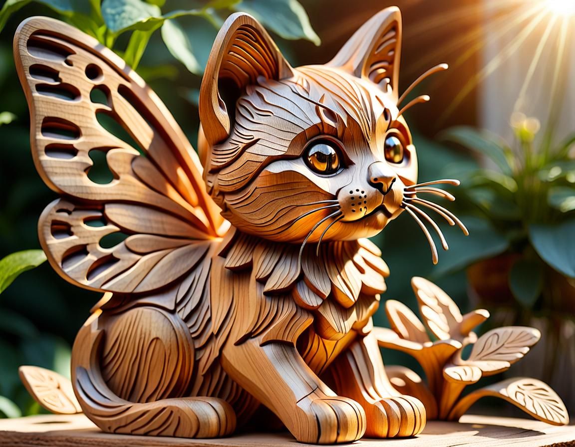 Exquisitely Carved Wood Sculpture of a Cherubic Kitten