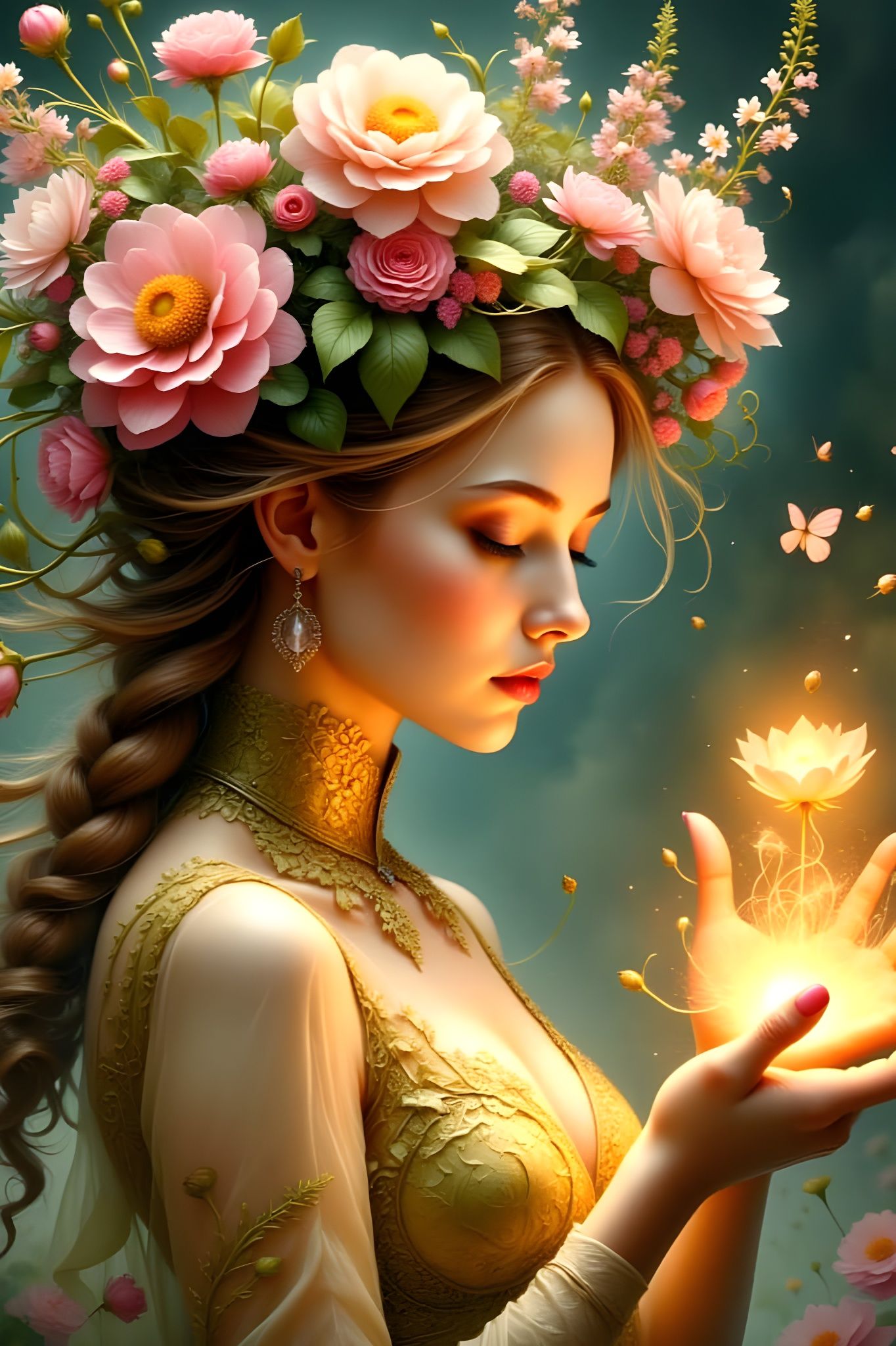 Ethereal Floral Goddess in Whimsical Fantasy Wonderland