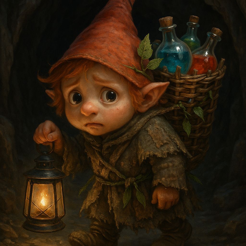 Gnome Explorer with Magic Potions in Cavern