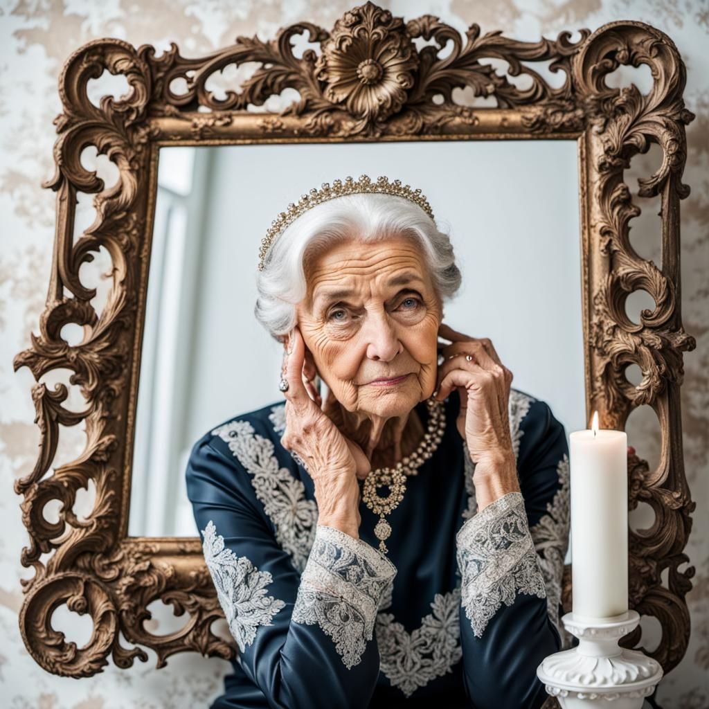 An Elderly Woman Contemplates Her Reflection in an Ornate Mi...
