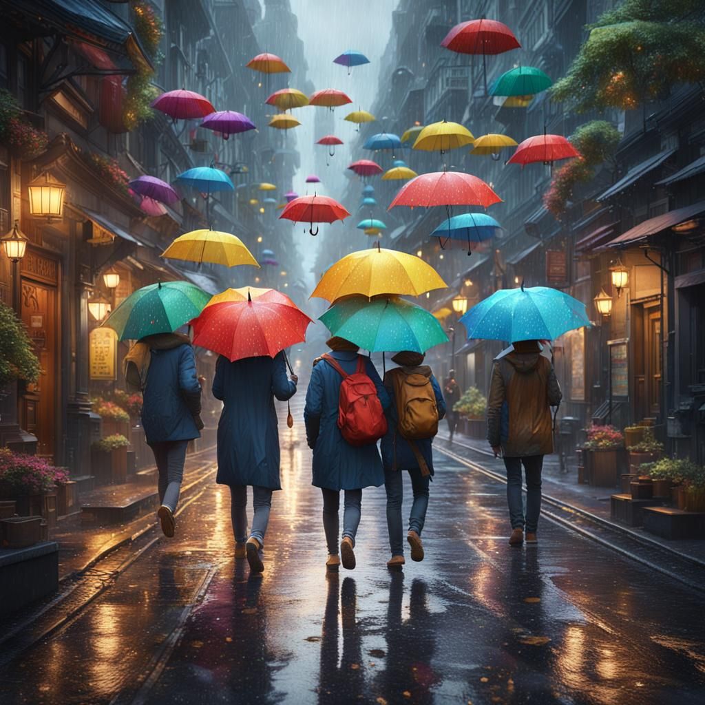 Vibrant Umbrellas Shine on a Rainy Day Fantasy Scene