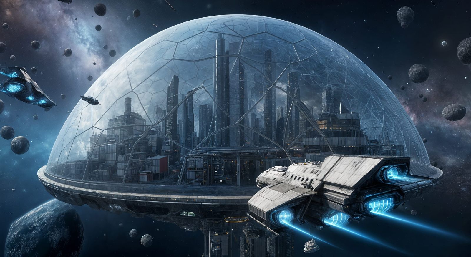 A gargantuan city contained in a dome hundreds of meters in diameter, cargo containers float close by, cargo bays, their...